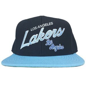 LA Lakers‎ Mitchell & Ness Fitted 7 1/4 Flatbill Hat Cap Script Logo Black New